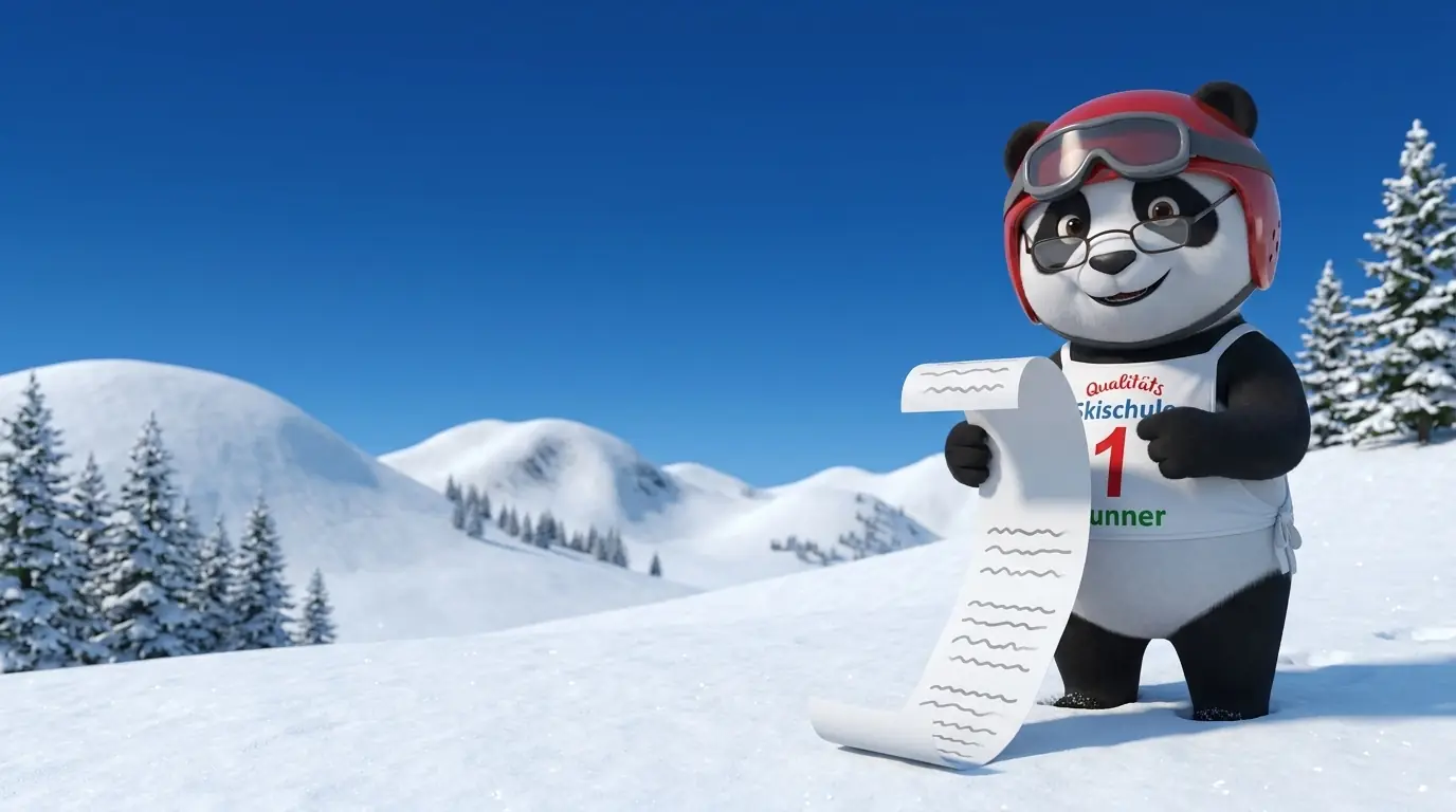Panda-Maskottchen liest mit Brille eine lange Papierrolle