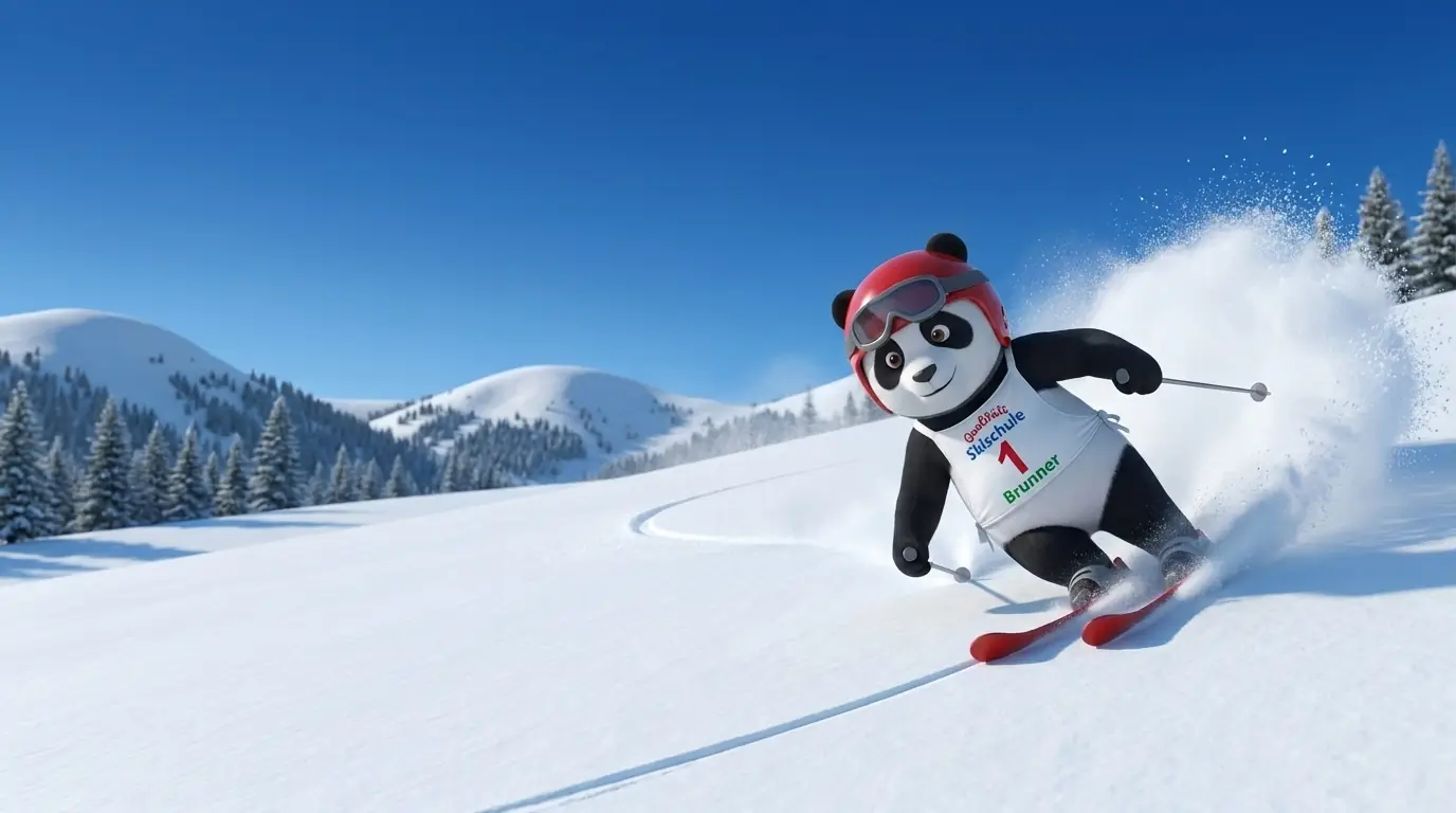 Panda mascot carving with a deep edge angle and a plume of snow like a racer