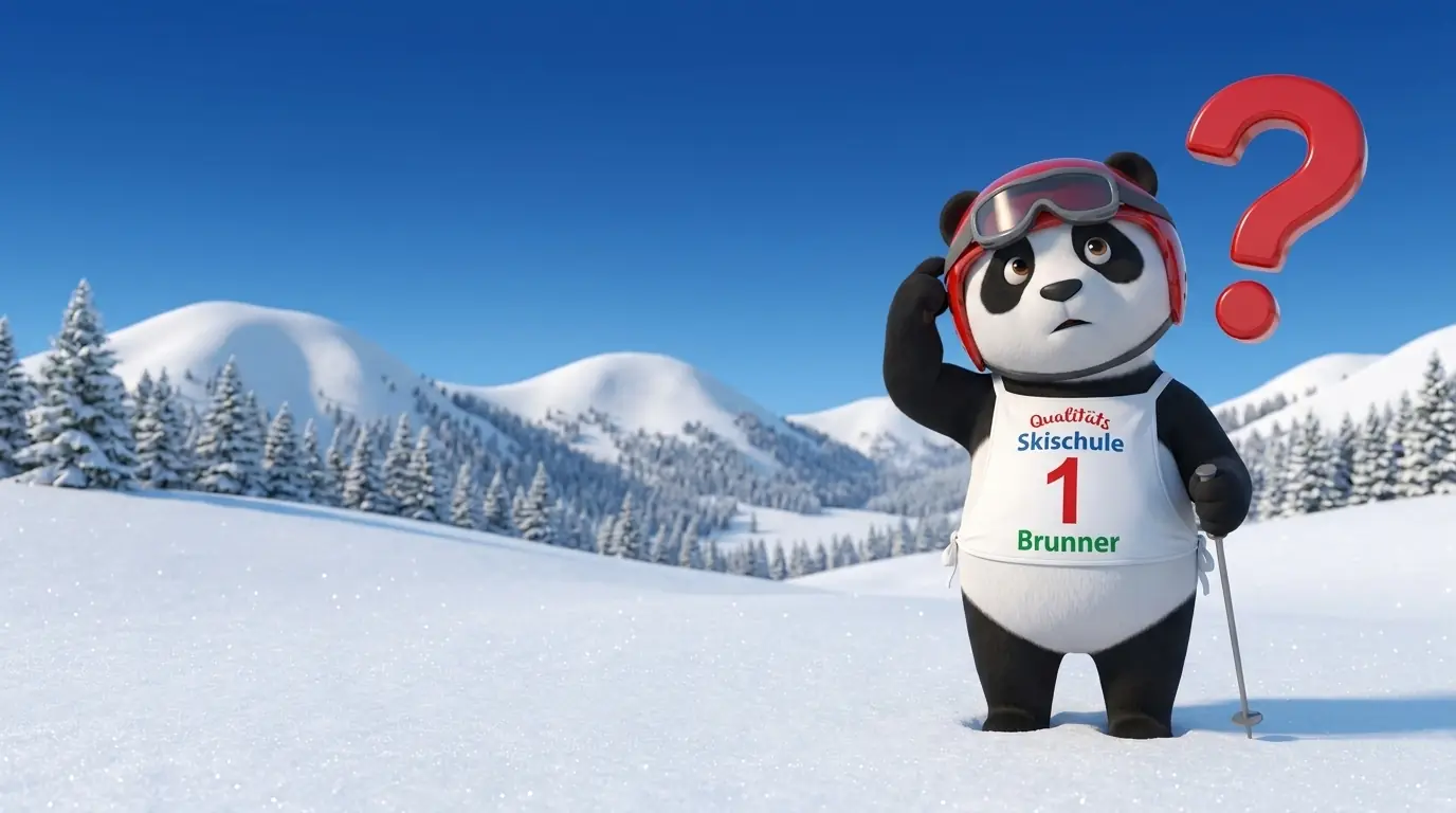 Panda-Maskottchen kratzt sich am Helm neben einem roten Fragezeichen