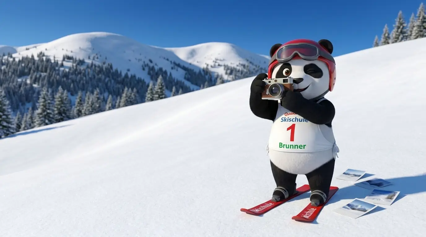 La mascotte panda scatta una foto, sulla neve alcune istantanee