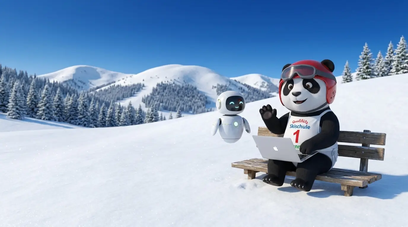Panda-Maskottchen mit Laptop winkt einem kleinen Roboter
