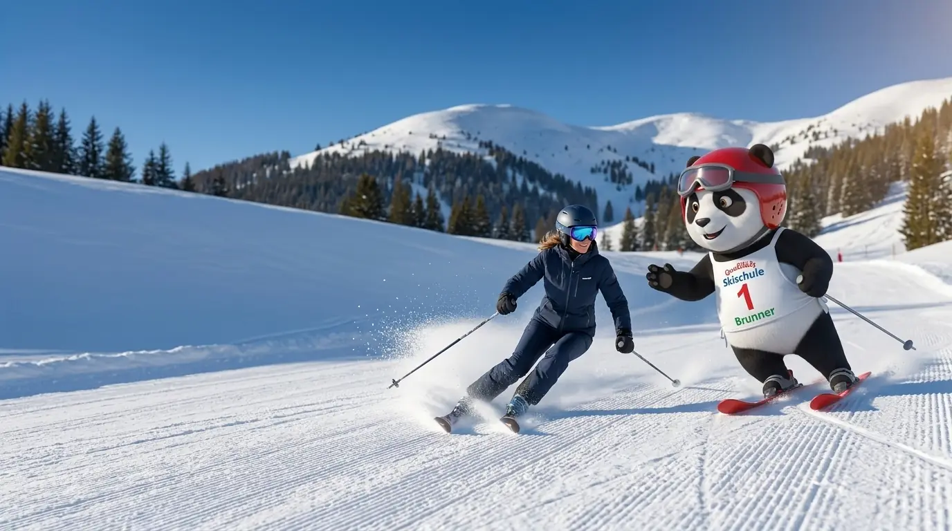 Panda-Maskottchen als Skilehrer carvt neben einer erwachsenen Skifahrerin