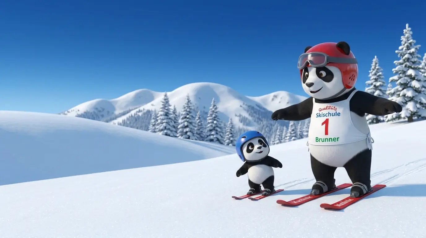 Panda-Maskottchen als Skilehrer mit einem kleinen Panda