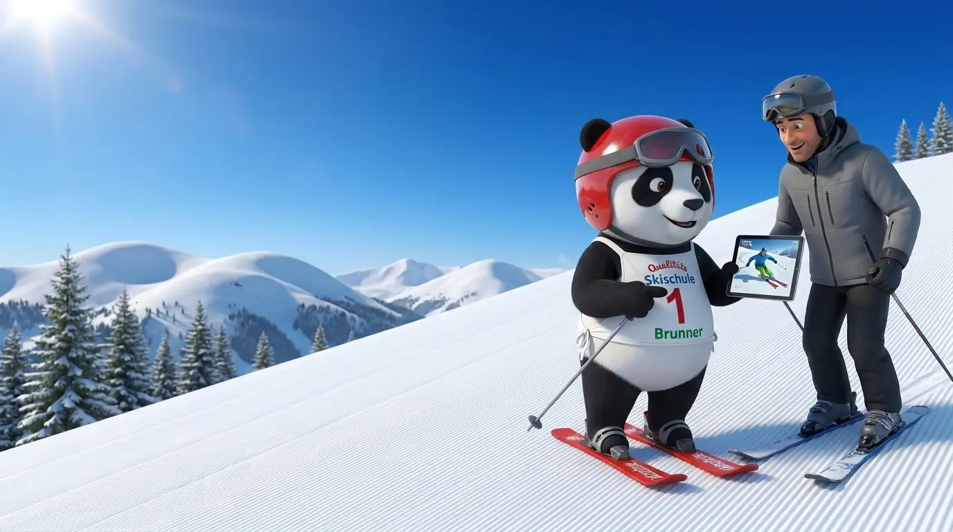 Panda-Maskottchen zeigt einem erwachsenen Skifahrer eine Schwunganalyse am Tablet