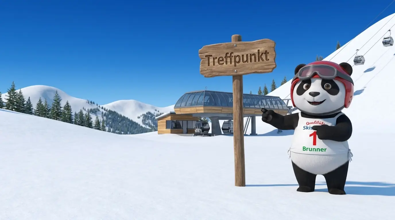 La mascotte panda indica un cartello di legno davanti alla cabinovia