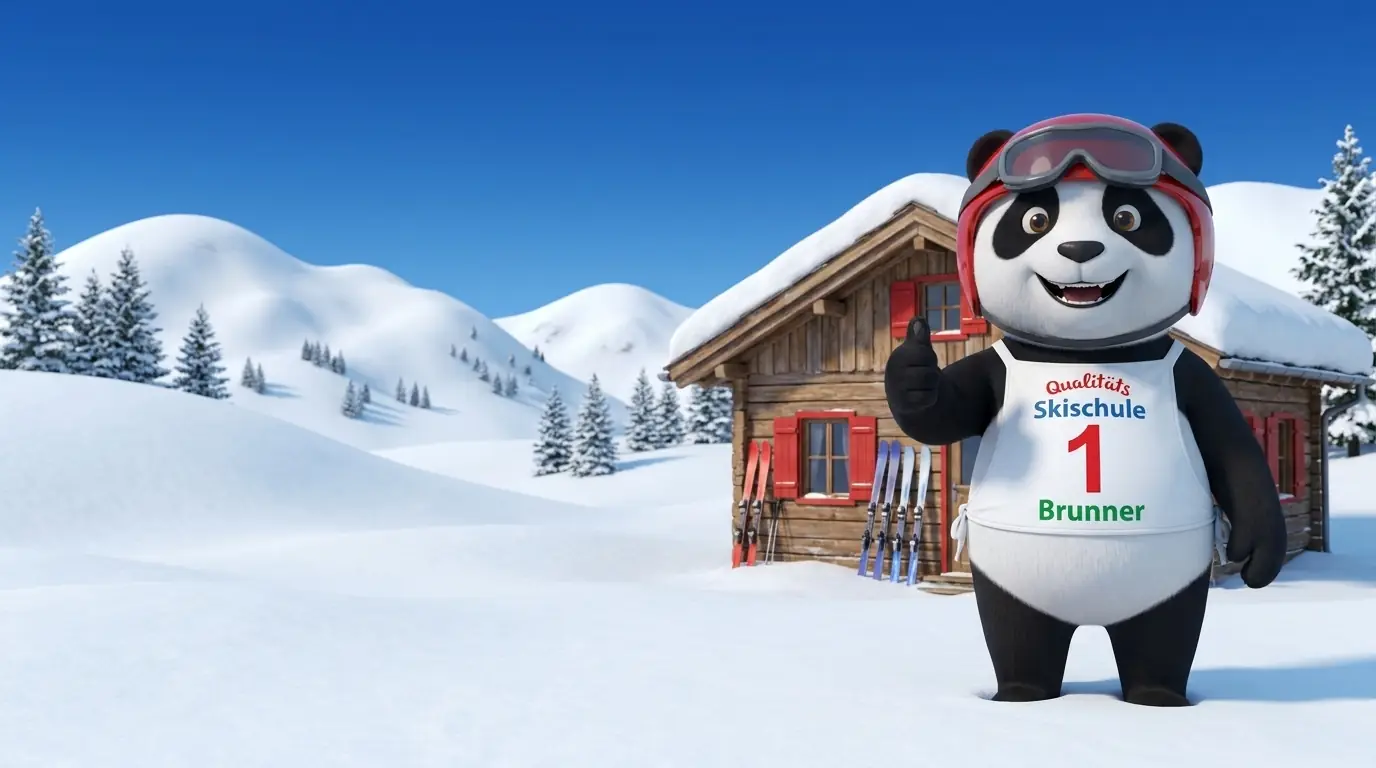 Panda-Maskottchen zeigt Daumen hoch vor der Skischulhütte