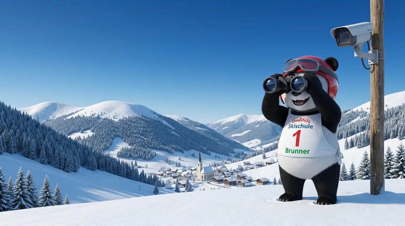Panda mascot looking into the valley through binoculars, next to a webcam